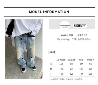 SFS Washed Old Jeans with Wide Legs and Holes Trousers KT3166