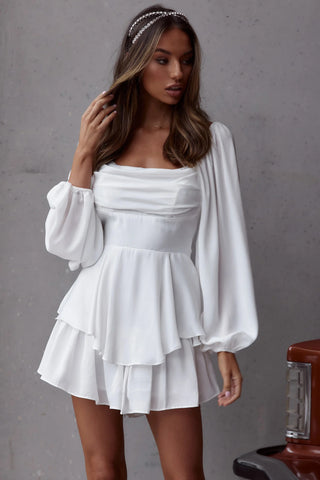 Long Sleeve Flounce Romper White SELE05