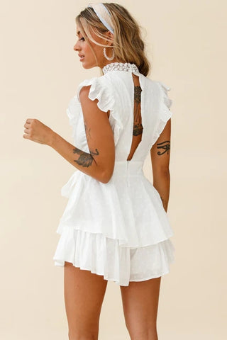 Lace Bust High Neck Romper White SELE03