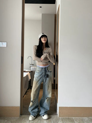 SFS Washed Old Jeans with Wide Legs and Holes Trousers KT3166