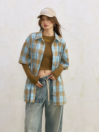 AcmeAura® Loose Casual Vintage Blue Checked Shirt KT3223