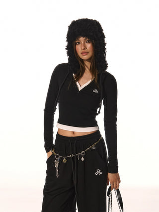 AcmeAura® Vintage Spice Girl Contrast Fake Two Pieces Big V-Neck Long Sleeve KT3260