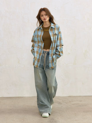AcmeAura® Loose Casual Vintage Blue Checked Shirt KT3223
