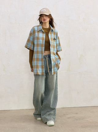 AcmeAura® Loose Casual Vintage Blue Checked Shirt KT3223