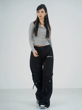 MC Miracle Brown Heavy Rivets Loose Straight Wide-leg Pant KT2973