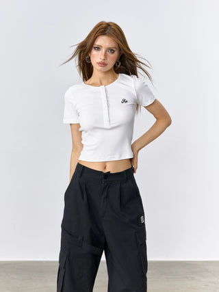AcmeAura® Front Shoulder Crew Neck Short Sleeve T-Shirt KT3208
