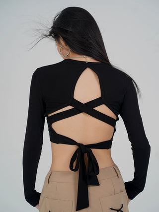 MC Miracle Sexy Backless Long Sleeve Hollow Strap Elastic Slim Top KT3118