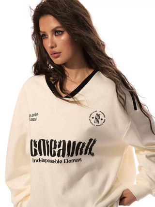 AcmeAura® Vintage College Style Neckline Contrast Printed Long Sleeve Sweater KT3247