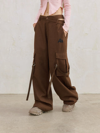 AcmeAura® Asymmetrical Waistline Double Pocket Streamer Cargo Pants KT3226