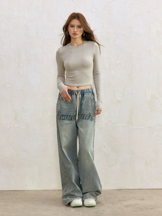 AcmeAura® Letter Embroidered Crew Neck Elastic Slim Sleeve T-Shirt KT3230