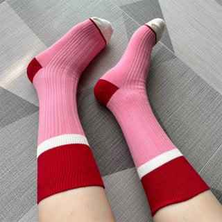 Color-blocked Pile Socks for Girls Pink Cotton Stockings 4Pairs KT3045