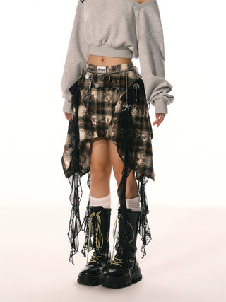 AcmeAura® Vintage Design Sense Lace Mesh Ribbon Plaid Skirt KT3257