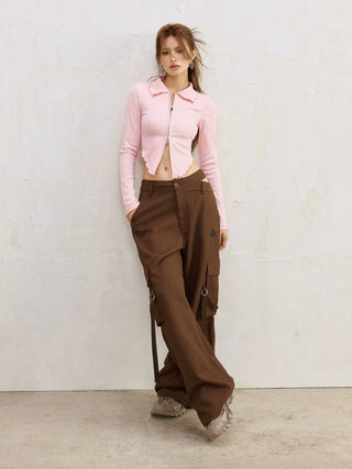 AcmeAura® Asymmetrical Waistline Double Pocket Streamer Cargo Pants KT3226