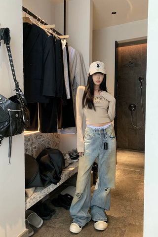 SFS Washed Old Jeans with Wide Legs and Holes Trousers KT3166