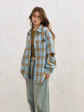 AcmeAura® Loose Casual Vintage Blue Checked Shirt KT3223