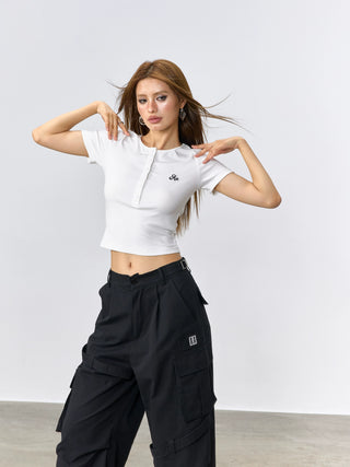 AcmeAura® Front Shoulder Crew Neck Short Sleeve T-Shirt KT3208