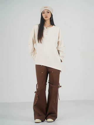 MC Miracle Brown Heavy Rivets Loose Straight Wide-leg Pant KT2973