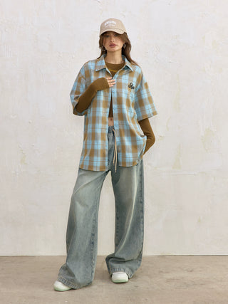 AcmeAura® Loose Casual Vintage Blue Checked Shirt KT3223