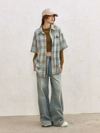 AcmeAura® Loose Casual Vintage Blue Checked Shirt KT3223