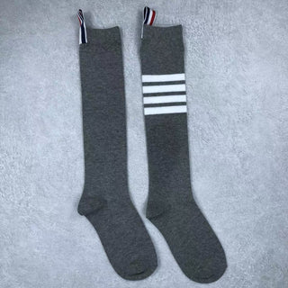 JK Trendy Mid Gray Striped Pure Cotton Calf Socks 4Pairs KT3048