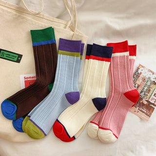 Color-blocked Pile Socks for Girls Pink Cotton Stockings 4Pairs KT3045