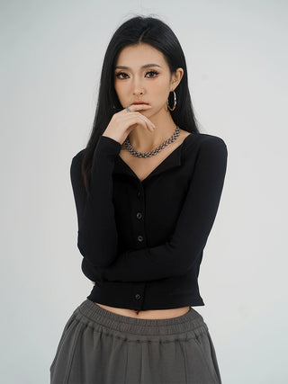 MC Miracle Solid Color Lapel Short Base Shirt Knit Top KT2976