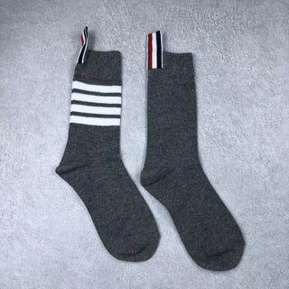 JK Trendy Mid Gray Striped Pure Cotton Calf Socks 4Pairs KT3048