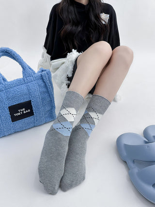 Spliced Color Contrast Pure Cotton Knee-High Socks 4Pairs KT3046