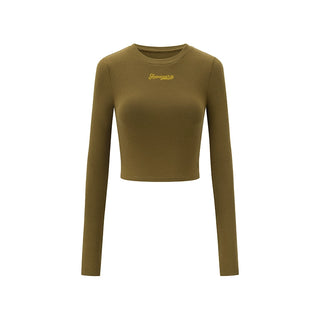 AcmeAura® Letter Embroidered Crew Neck Elastic Slim Sleeve T-Shirt KT3230