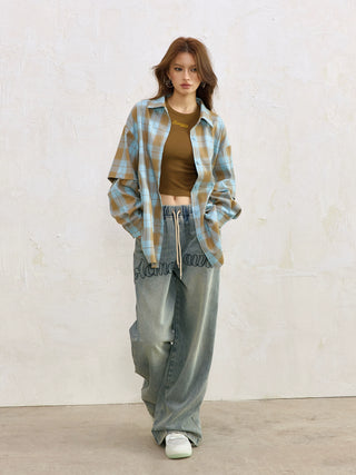 AcmeAura® Loose Casual Vintage Blue Checked Shirt KT3223