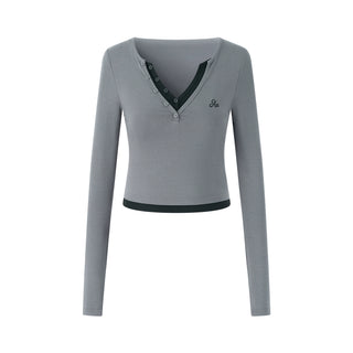 AcmeAura® Vintage Spice Girl Contrast Fake Two Pieces Big V-Neck Long Sleeve KT3260