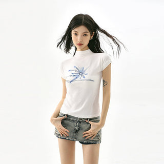 CHGG Half High Neck Printed Short Sleeve T-shirt KT1555 - KTchic