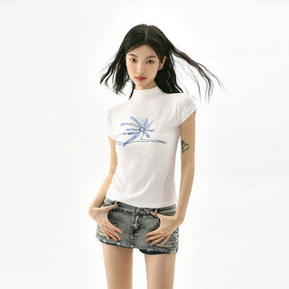 CHGG Half High Neck Printed Short Sleeve T-shirt KT1555