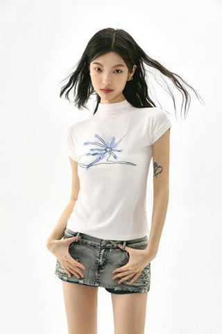 CHGG Half High Neck Printed Short Sleeve T-shirt KT1555