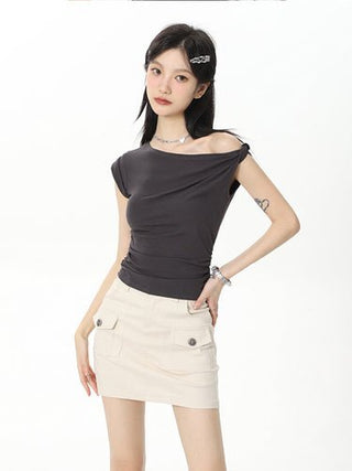 CHGG Pleated Diagonal Shoulder Spice Girl Top KT1544