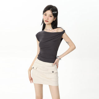 CHGG Pleated Diagonal Shoulder Spice Girl Top KT1544