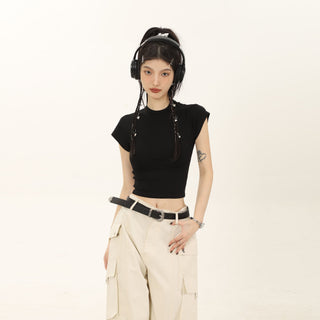 CHGG Spice Girls Crop Button Solid T-Shirt KT1528