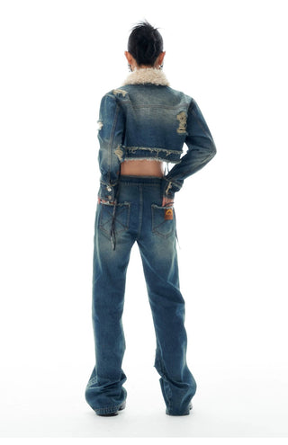 Denim Suit Short Jacket Ripped Pants Two-piece Set KT2929