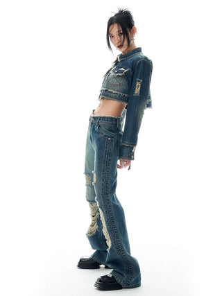 Denim Suit Short Jacket Ripped Pants Two-piece Set KT2929
