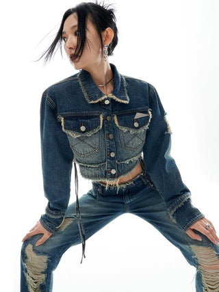 Denim Suit Short Jacket Ripped Pants Two-piece Set KT2929
