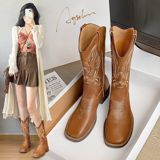 JP Long Sleeve Embroidered Thick Heel Denim Boots KT2560