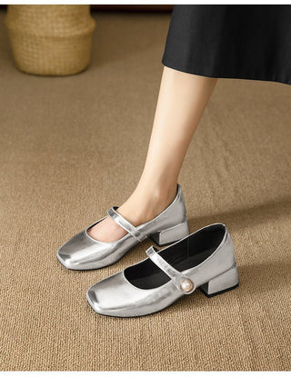JP Thick Heeled Square Toe Low Heeled Small Leather Shoes KT2494 - KTchic