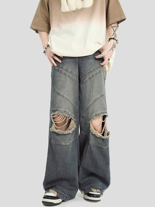 PRLM Ripped Denim Loose Straight-leg Pants KT2728