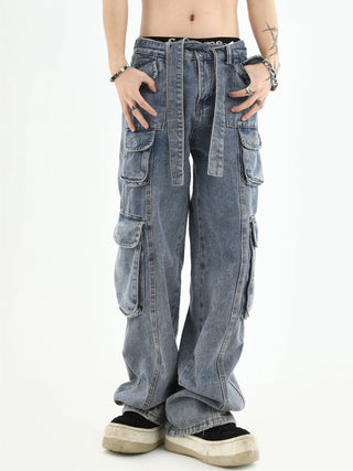 PRLM Stereoscopic Multi-pocket Denim Casual Pants KT2713