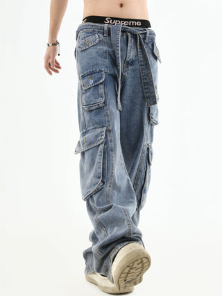 PRLM Stereoscopic Multi-pocket Denim Casual Pants KT2713